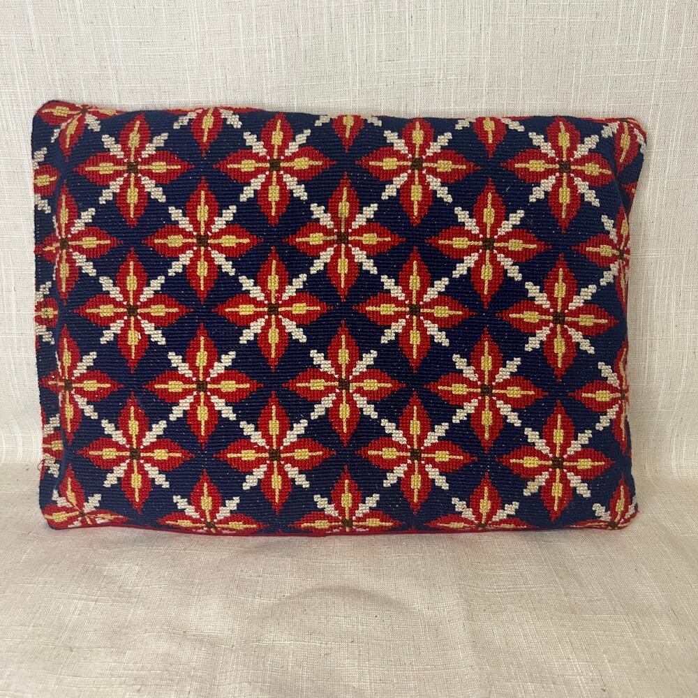 Vintage Needlepoint Cushion Pillow Geometric Navy Blue Red Foam Insert Handmade
